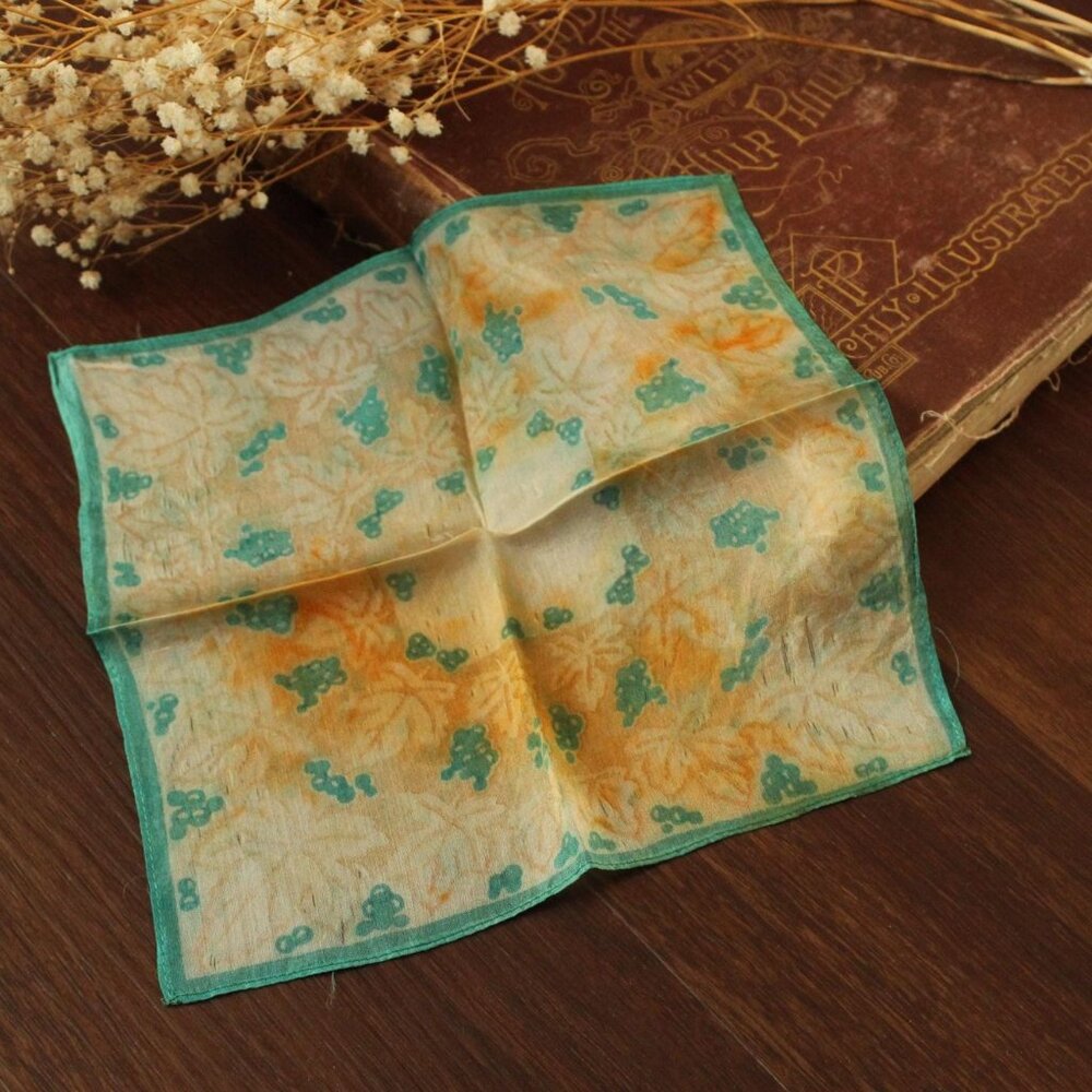 Vintage 1950s Handkerchief, Orange and Green Silk with a Leaf Pattern, Hankie